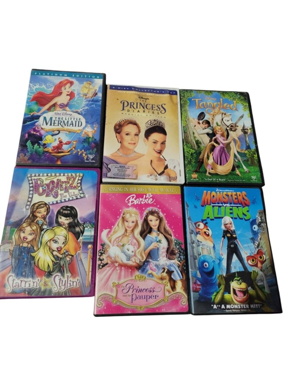 6 DVD Tangled Little Mermaid Monsters Vs. Aliens Barbie Bratz Princess Diaries
